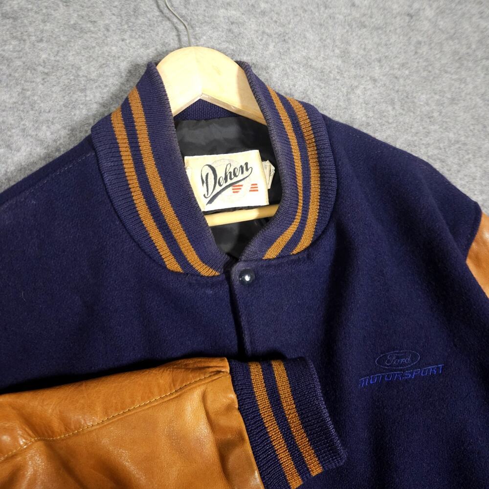 Dehen Varsity Jacket Mens XL Wool Brown Leather Made in USA Ford Logo Portland
